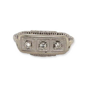 Antique 14k White Gold Art Deco Filigree East-West Three Diamond Ring Alternative Bridal Engagement Wedding Ring