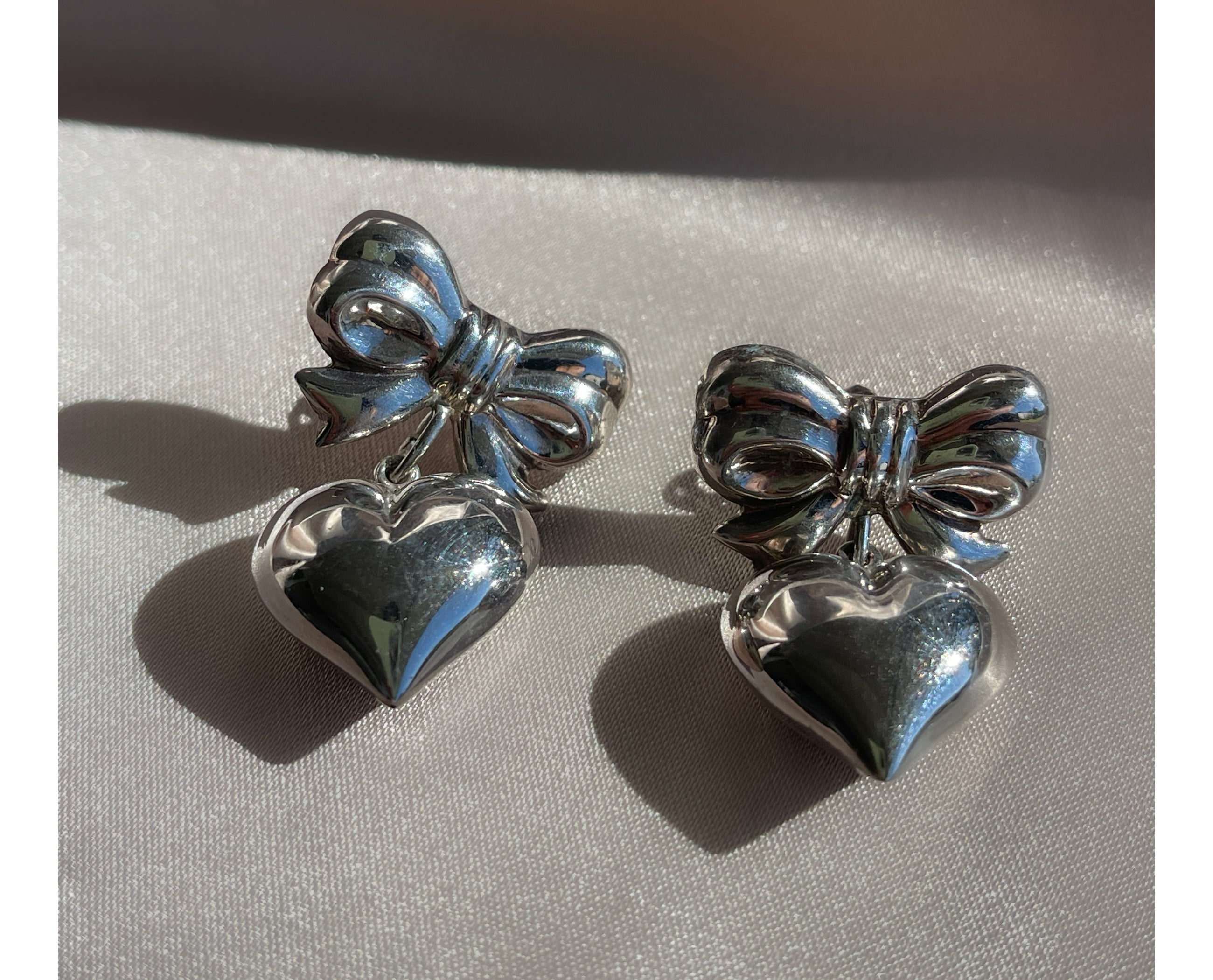 Vintage signed stamped ND 925 sterling silver outlet heart bow dangle earrings pendant