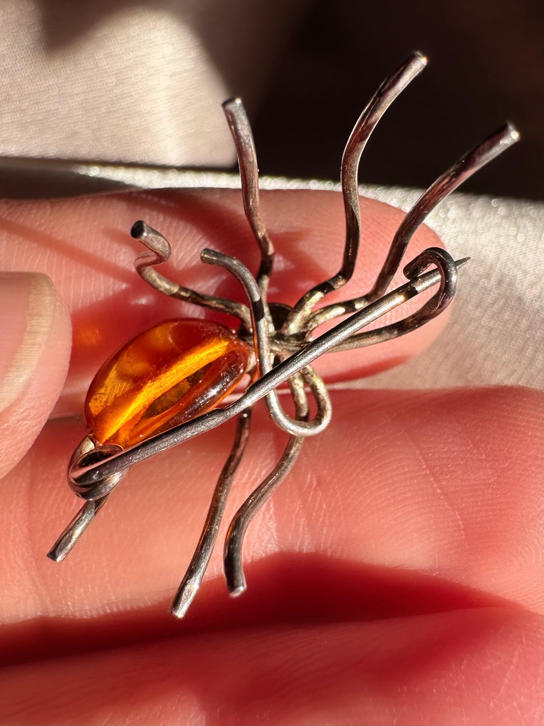 Vintage Sterling Silver & Amber Spider Brooch/Pin