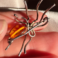 Vintage Sterling Silver & Amber Spider Brooch/Pin