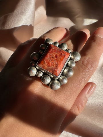 Vintage Sterling Silver Red Coral Statement Ring