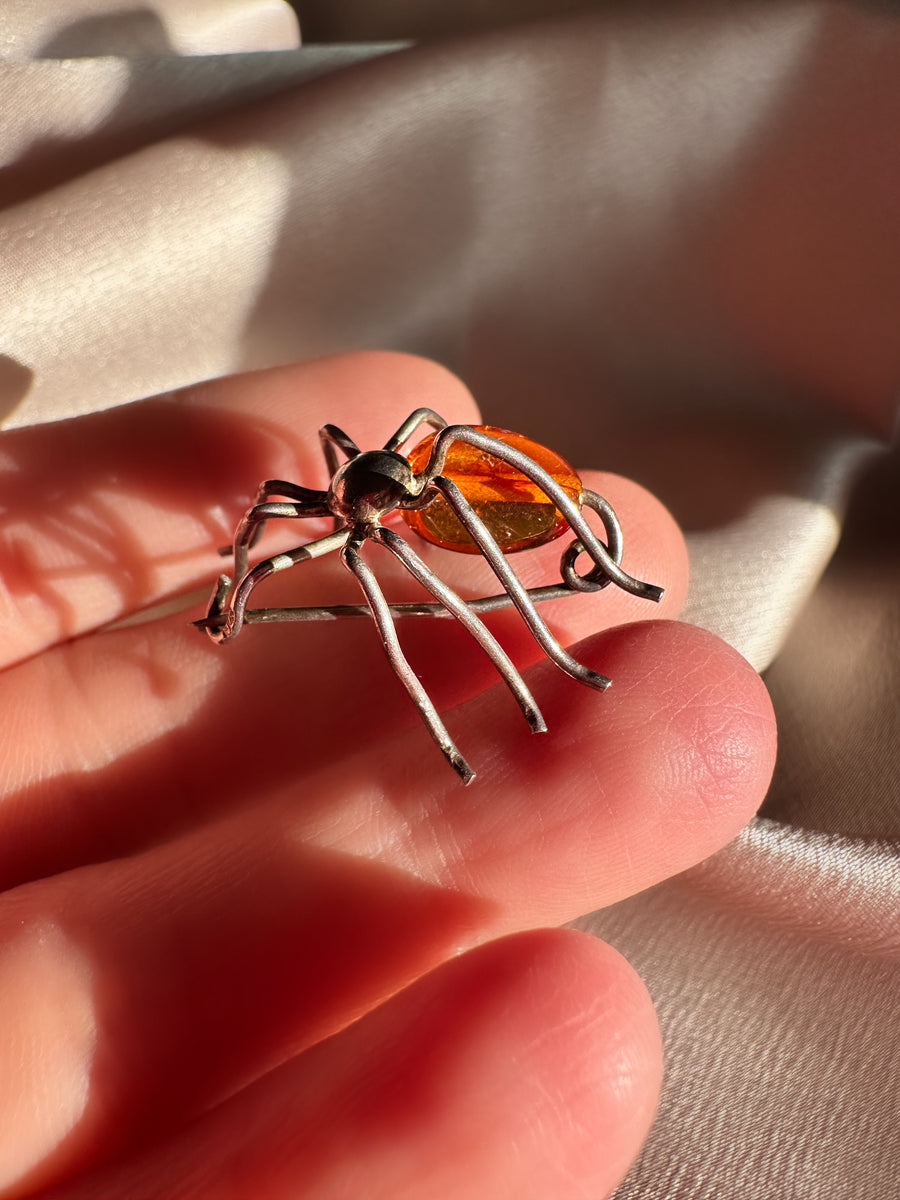 Vintage Sterling Silver & Amber Spider Brooch/Pin