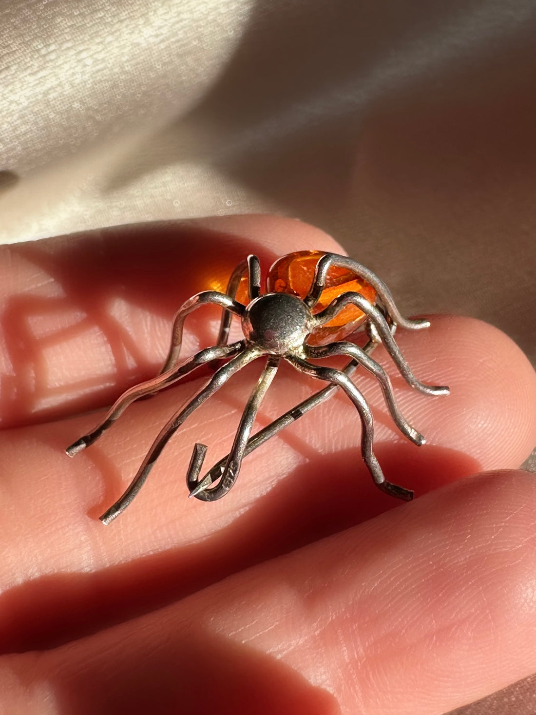 Vintage Sterling Silver & Amber Spider Brooch/Pin