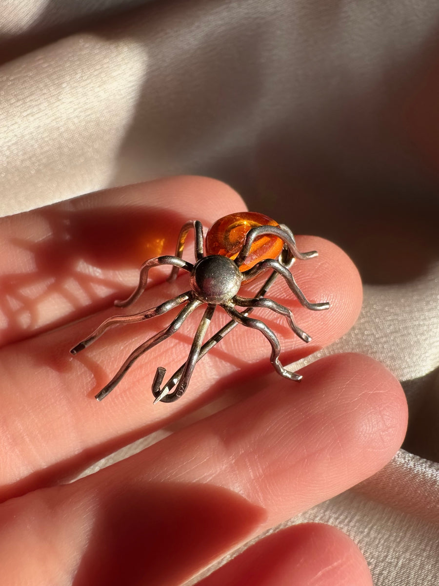 Vintage Sterling Silver & Amber Spider Brooch/Pin