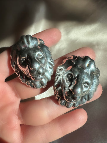 Vintage Electroform Sterling Silver Lion Head Clip-On Earrings