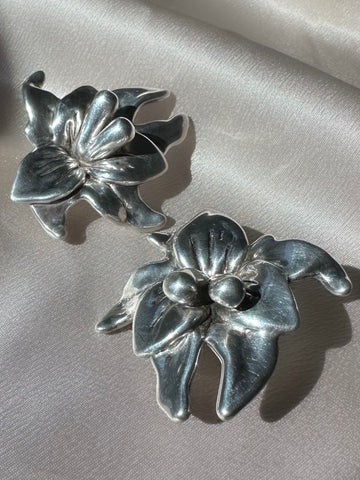 Vintage Oversized Electroform Sterling Silver Clip-On Flower Earrings