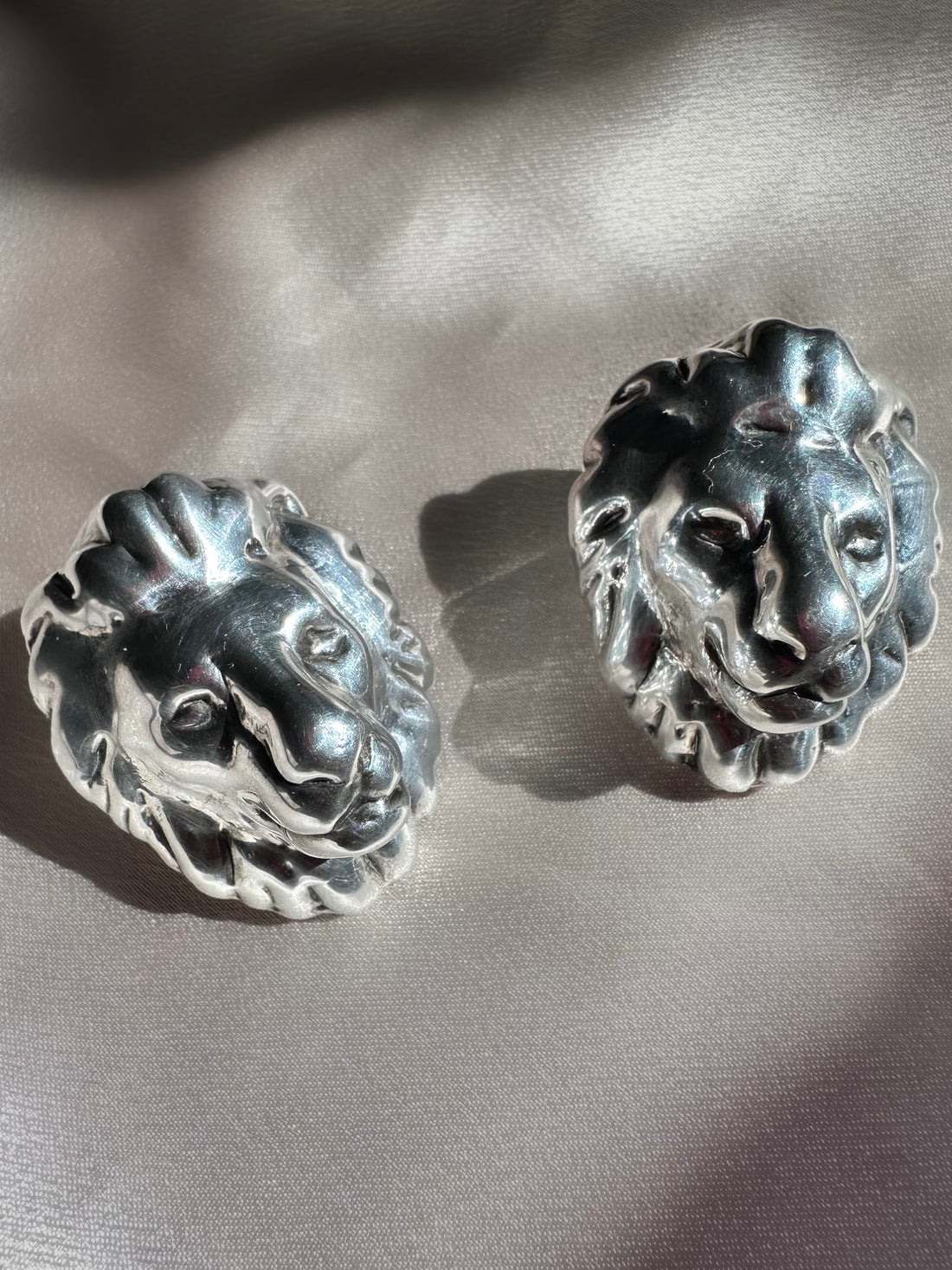 Vintage Electroform Sterling Silver Lion Head Clip-On Earrings