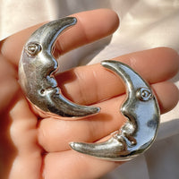 Vintage Sterling Silver Electroform Moon Face Clip On Earrings