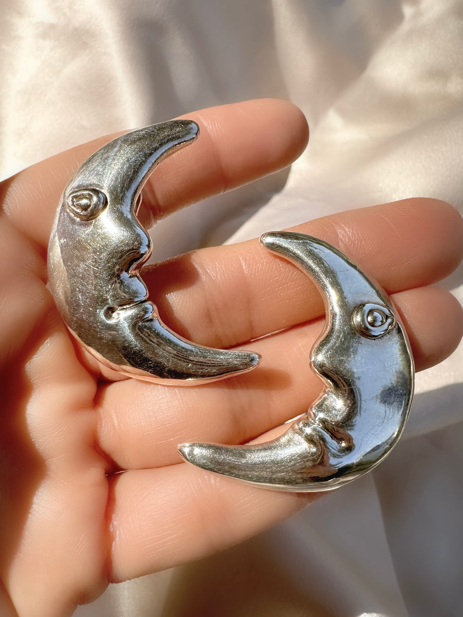 Vintage Sterling Silver Electroform Moon Face Clip On Earrings