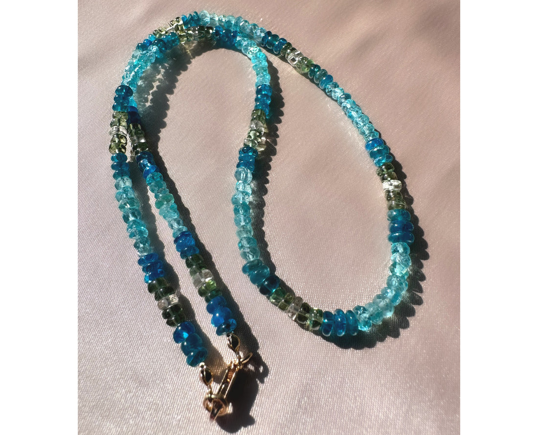 Neon, Sky-Blue, and Green Apatite and Green Amethyst Beaded Goldfilled Necklace