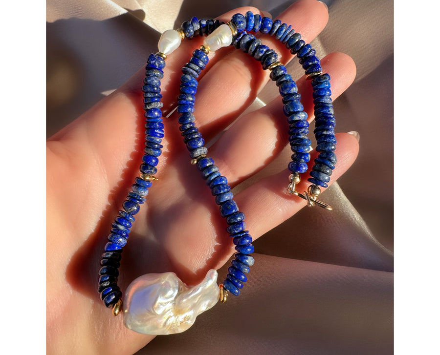 Lapis Lazuli, Vintage Vermeil Beads, and Large Baroque Pearl Handmade Beaded Goldfilled Necklace