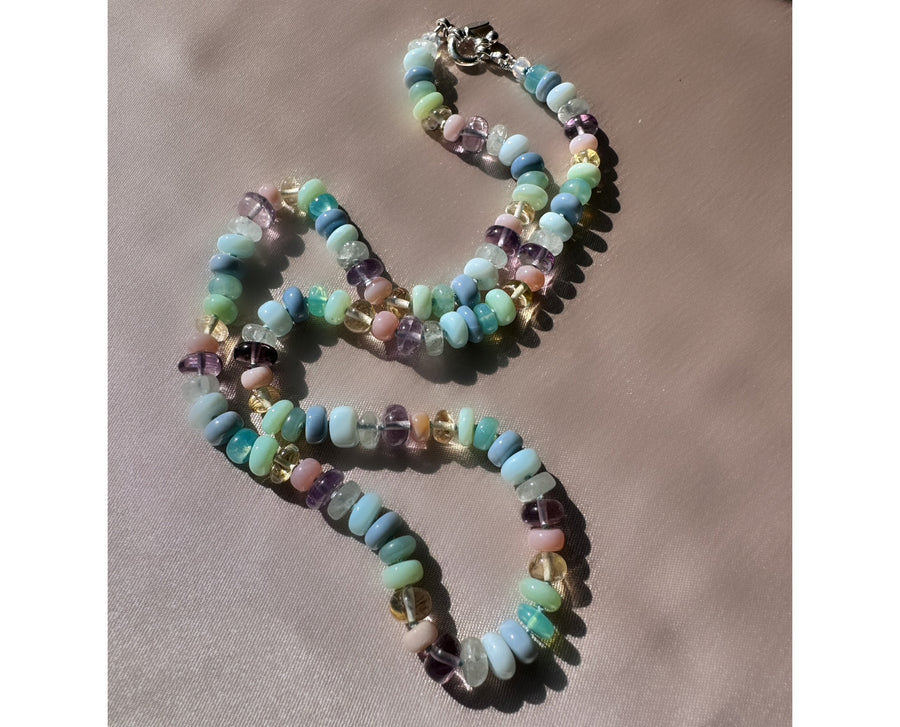 Multi-Gemstone Candy Hand-Knotted Blue-Silk Sterling Silver Necklace, with peruvian blue, pink, green opals, namibian opals, amethyst, citrine, and aquamarine