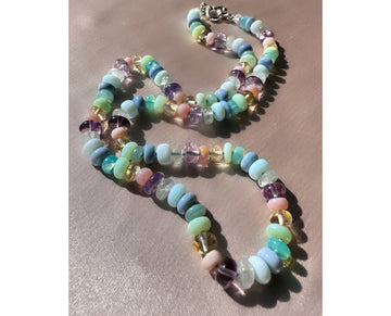 Multi-Gemstone Candy Hand-Knotted Blue-Silk Sterling Silver Necklace, with peruvian blue, pink, green opals, namibian opals, amethyst, citrine, and aquamarine