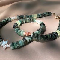 Emerald, Ethiopian Opal, Prehnite, and Pearl Handmade Beaded Goldfilled Necklace