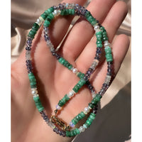 Emerald, Tanzanite, Ethiopian Opal, and Pearl Handmade Beaded Goldfilled Necklace
