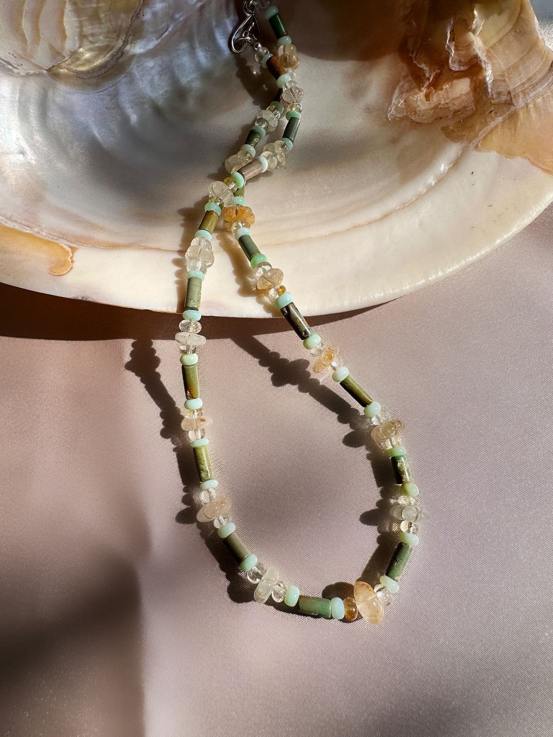 Vintage Green Tube Turquoise, Golden Topaz, and Green Peruvian Opal Handmade Beaded Sterling Silver Necklace