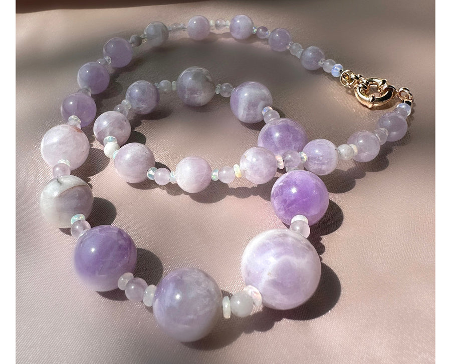 Large Vintage Amethyst and Ethiopian Opal Handmade Beaded Goldfilled Necklace