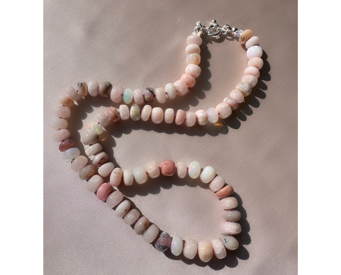 Pink Peruvian Opal and Ethiopian Opal Hand-Knotted Pink-Silk Sterling Silver Necklace