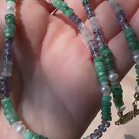 Emerald, Tanzanite, Ethiopian Opal, and Pearl Handmade Beaded Goldfilled Necklace