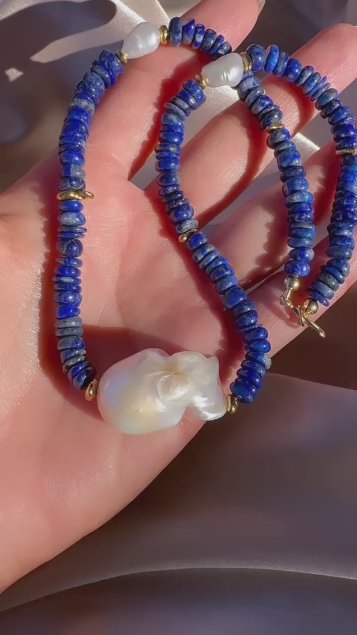 Lapis Lazuli, Vintage Vermeil Beads, and Large Baroque Pearl Handmade Beaded Goldfilled Necklace