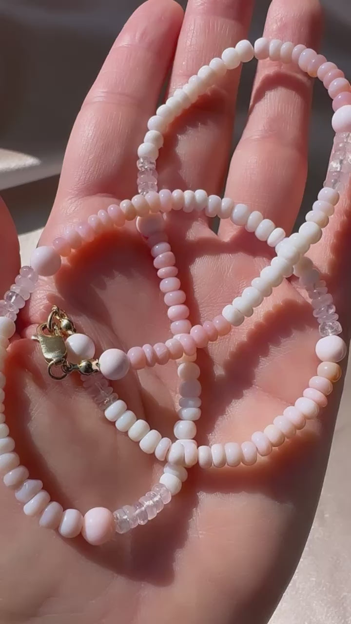 Pink Peruvian Opal and Rose Quartz Handmade Beaded Goldfilled Necklace