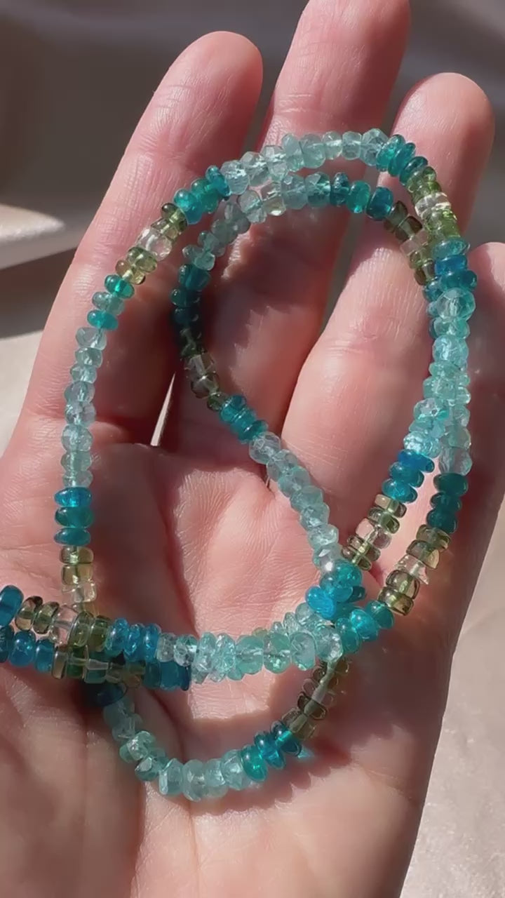 Neon, Sky-Blue, and Green Apatite and Green Amethyst Handmade Beaded Goldfilled Necklace