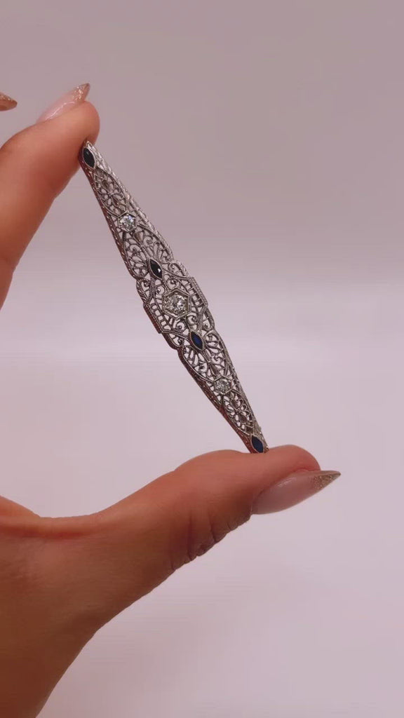 Video of Large 14k White Gold Diamond and Blue Sapphires Antique Art Deco Filigree Brooch Shown in Hand, Perfect for Weddings, Something Blue