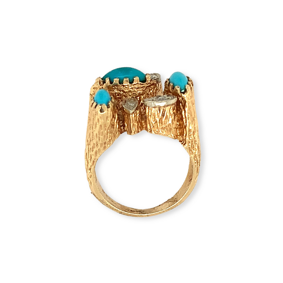 14k Yellow Gold Vintage Mid-Century Brutalist 2ctw Blue Persian Turquoise and .10ctw Diamond Ring Side View