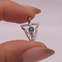 Video of A14k White Gold Art Deco Blue Sapphire and Diamond Stick Pin Conversion Upside Down Triangle Etched Detail Pendant Shown in Hand