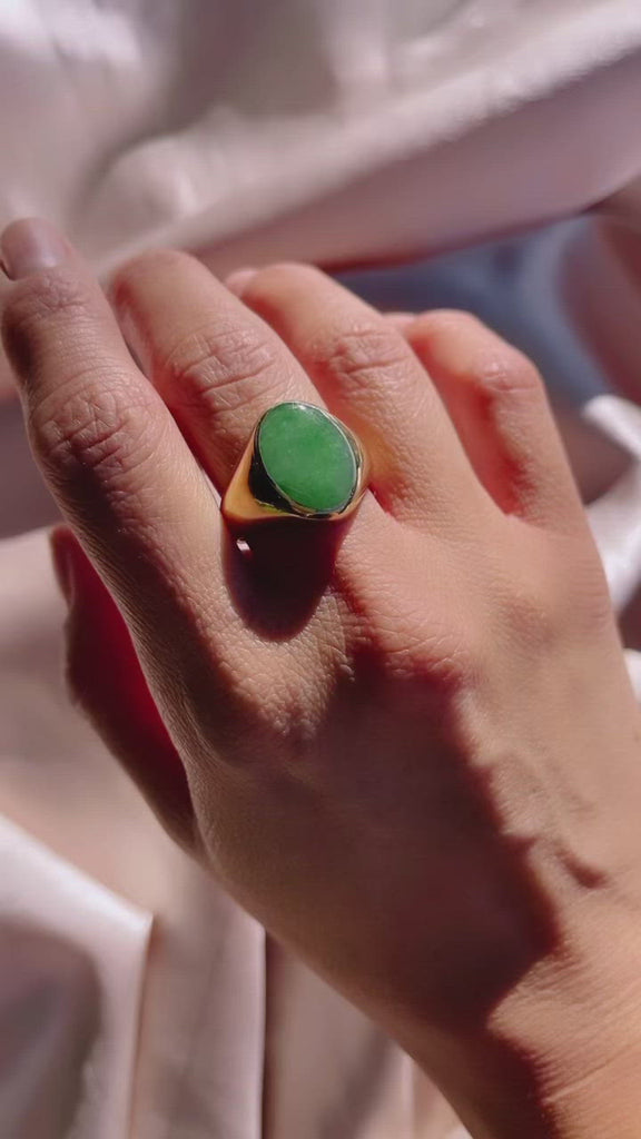 Video of 14k Yellow Gold Vintage Grade-A Green Apple Jade Signet-Style Ring Shown on Hand