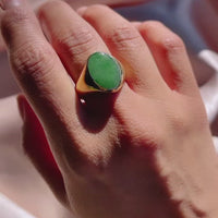 Video of 14k Yellow Gold Vintage Grade-A Green Apple Jade Signet-Style Ring Shown on Hand