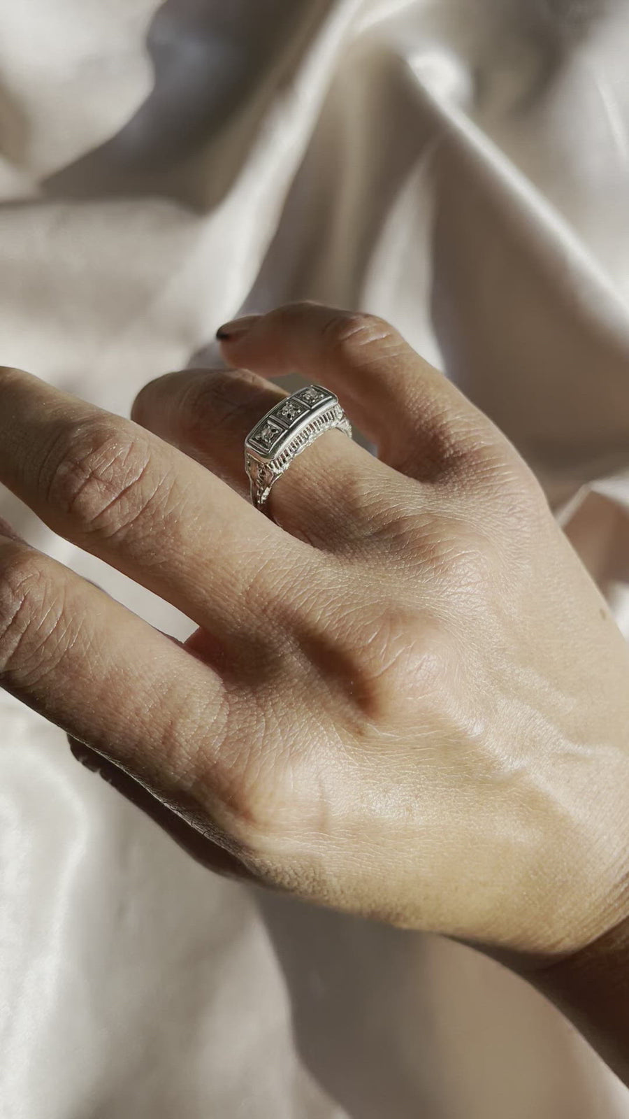Video of Antique 14k White Gold Art Deco Filigree East-West Three Diamond Ring Alternative Wedding Engagement Bridal on Hand