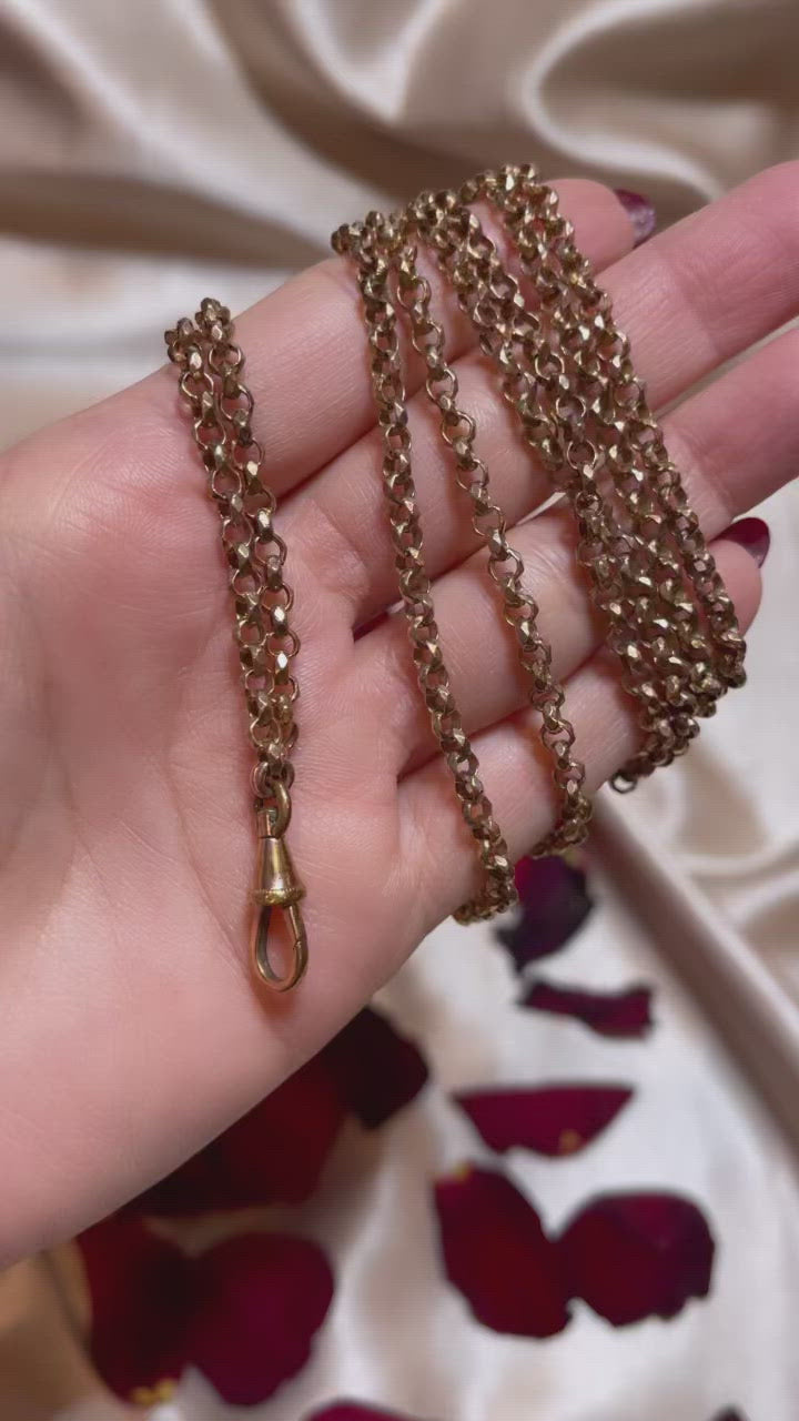 Video of Gold-filled 54-inch Victorian Muff/Long-Guard Belcher Chain with Dog Clip