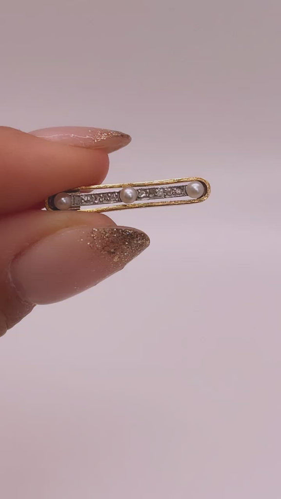 Video of Antique 15k Yellow Gold and Platinum Top with Rosecut Diamond and Pearl Bar Brooch, Bridal Engagement Wedding