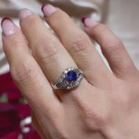 Video of Vintage Midcentury 14k White Gold 1ct Tanzanite and 1.20ctw Diamond Halo Ring, Alternative Engagement, Wedding, Bridal on Hand