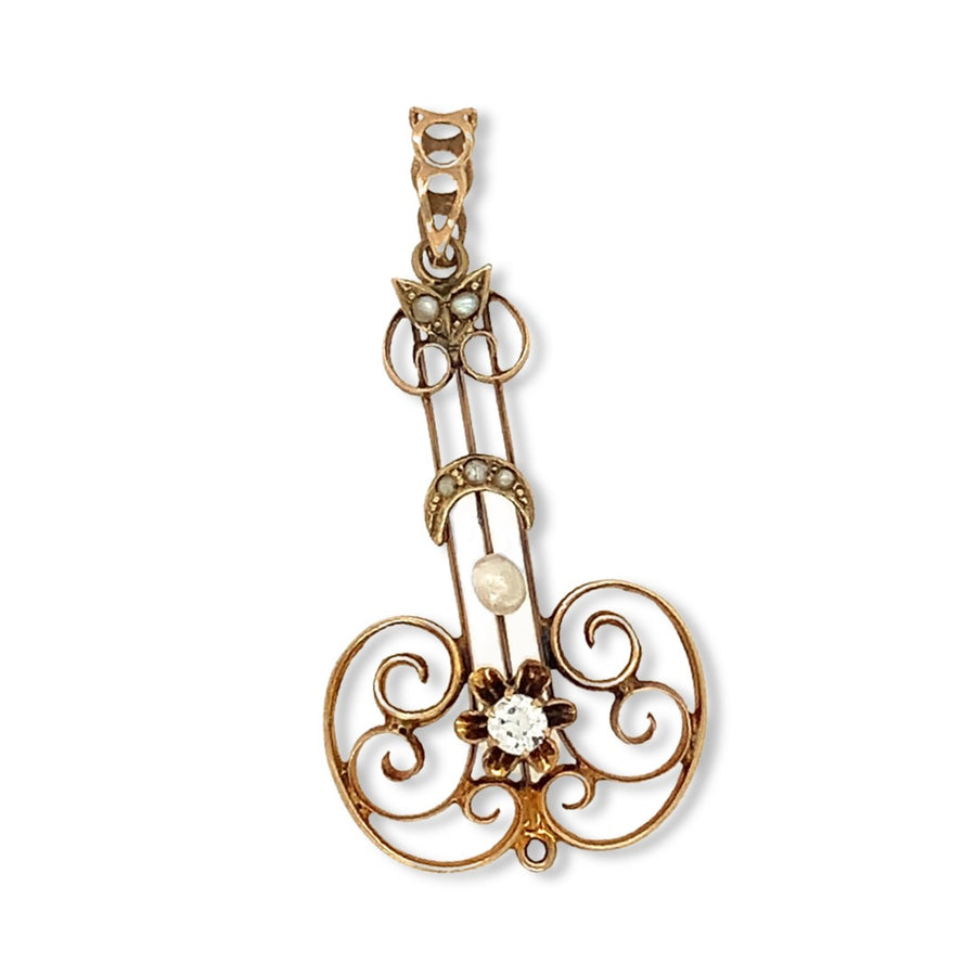 10k Yellow Gold Victorian Paste and Seed Pearl Lavalier Pendant with Swirl Spiral Details