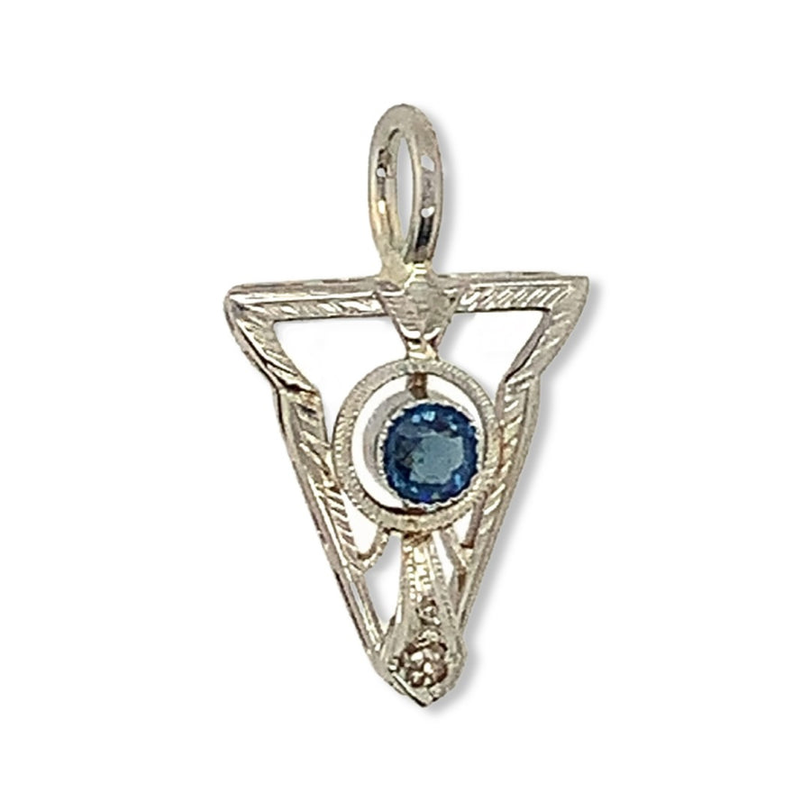 14k White Gold Art Deco Blue Sapphire and Diamond Stick Pin Conversion Upside Down Triangle Etched Detail Pendant