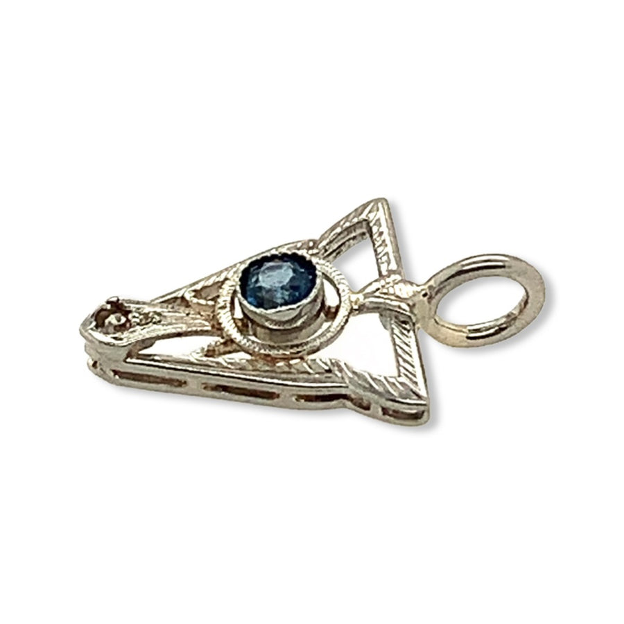 14k White Gold Art Deco Blue Sapphire and Diamond Stick Pin Conversion Upside Down Triangle Etched Detail Pendant Shown on Side