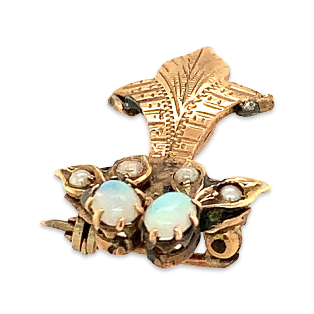 10K Yellow Gold Victorian Opal and Seed Pearl Pendant/Brooch, Floral Details Shown on Side