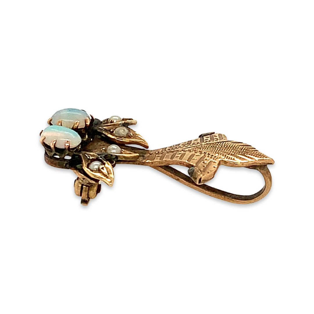 10K Yellow Gold Victorian Opal and Seed Pearl Pendant/Brooch, Floral Details Showing Hidden Bail