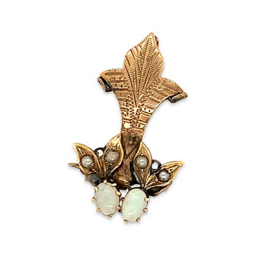 10K Yellow Gold Victorian Opal and Seed Pearl Pendant/Brooch, Floral Details