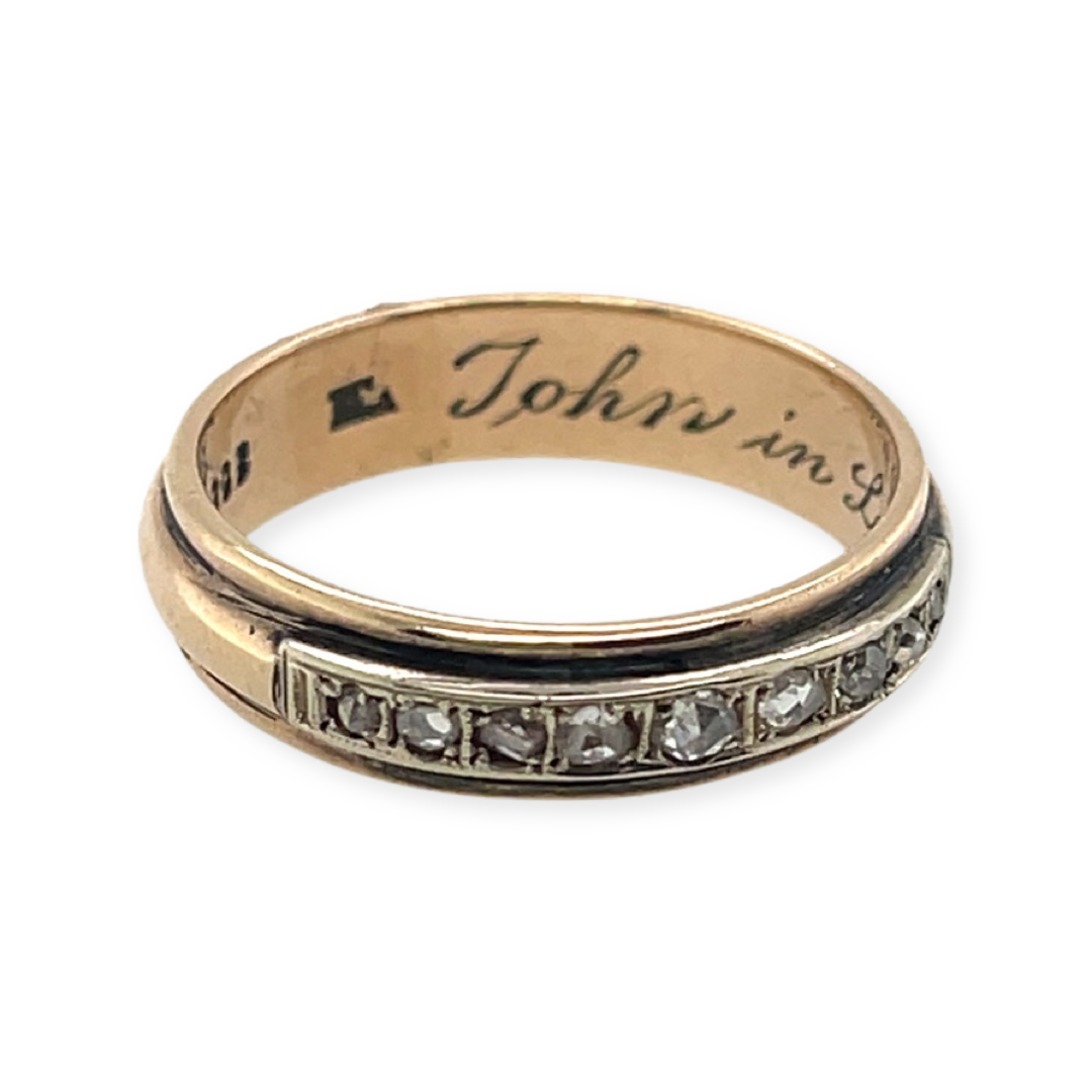 A vintage 1950s 8k yellow gold diamond band with rose cut diamonds and engraved for "John" in 1951