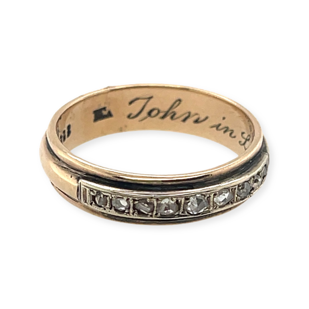 A vintage 1950s 8k yellow gold diamond band with rose cut diamonds and engraved for "John" in 1951