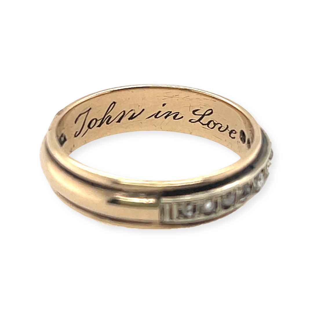 A vintage 1950s 8k yellow gold diamond band with rose cut diamonds and engraved for "John in Love" in 1951
