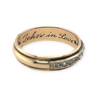 A vintage 1950s 8k yellow gold diamond band with rose cut diamonds and engraved for "John in Love" in 1951