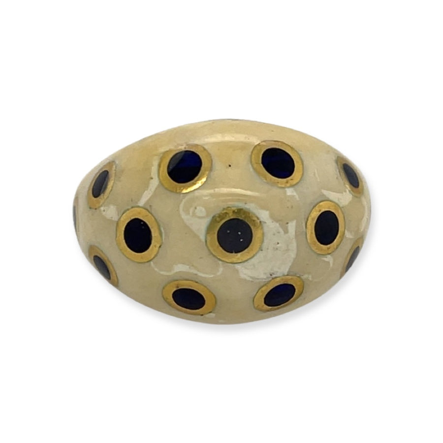 Vintage 18k Yellow Gold Black and White Enamel Dome Ring Polka Dot Unique Statement Ring