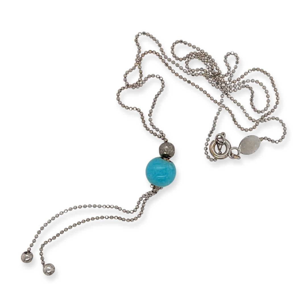 Vintage 18k White Gold Blue Larimar Bead Lariat Necklace