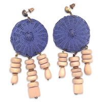 A pair of vintage blue wicker woven basket stud earrings with white wood bead dangles