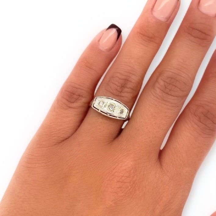 18k White Gold Art Deco .18ctw Three Diamond East-West Ring, Engagement Alternative Wedding on Ring Finger