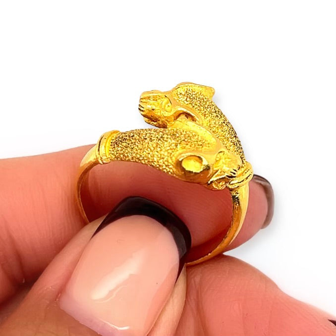 Vintage 24k Yellow Gold Double Leopard Head Animal Bypass Ring